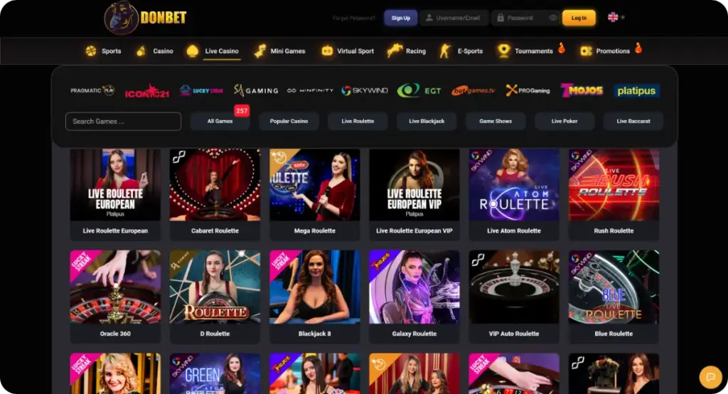 Live games page at Donbet casino UK