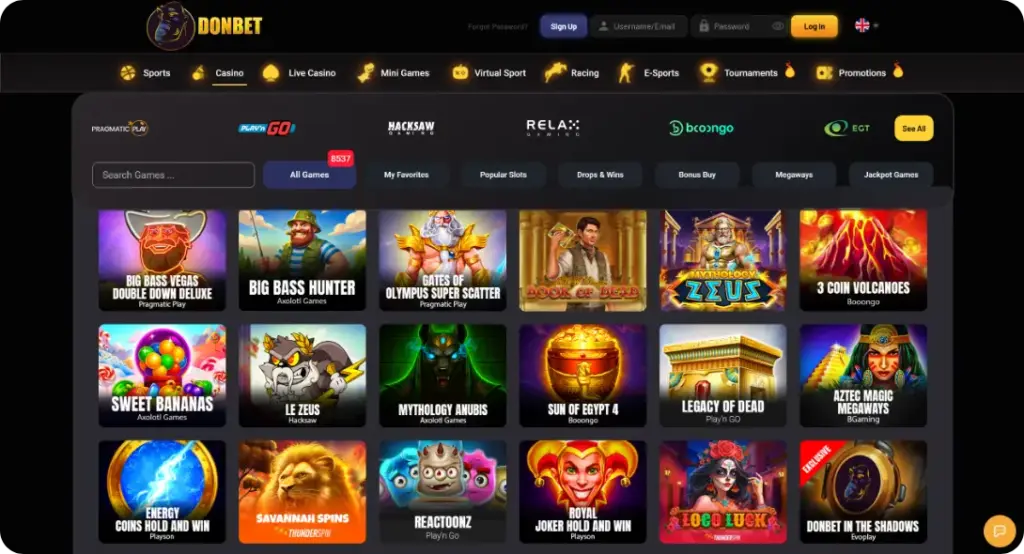 Slots page at Donbet casino UK