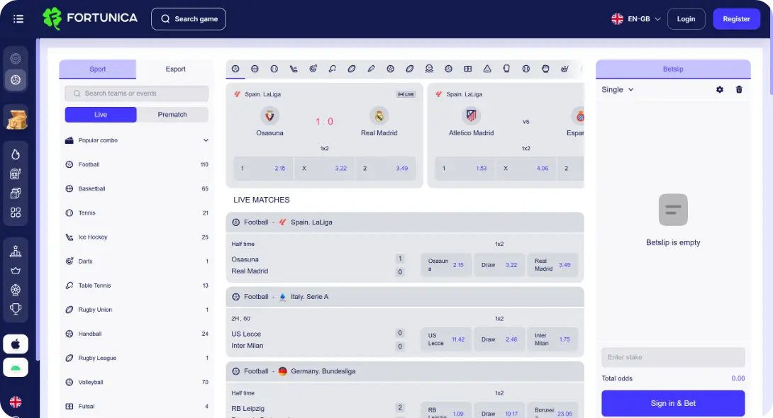 Fortunica casino UK betting page
