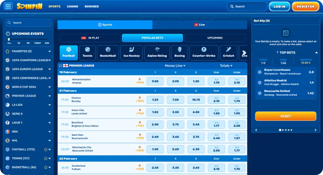 SpinFin casino UK betting page
