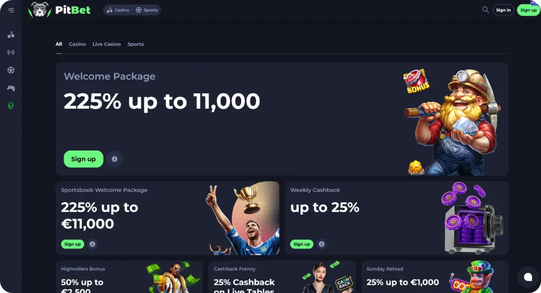Bonus page at PitBet casino