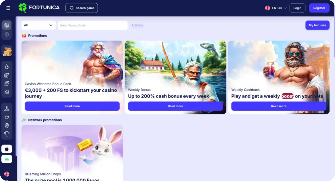 Bonus page at Fortunica casino