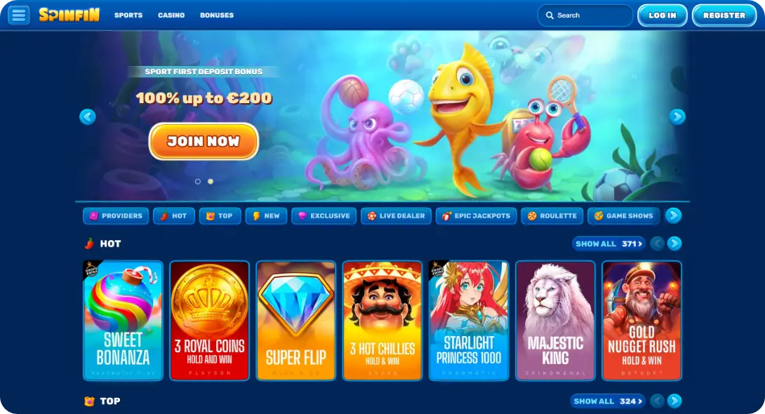 SpinFin casino home page screen