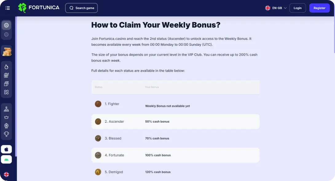 Weekly deposit bonus at Fortunica casino online