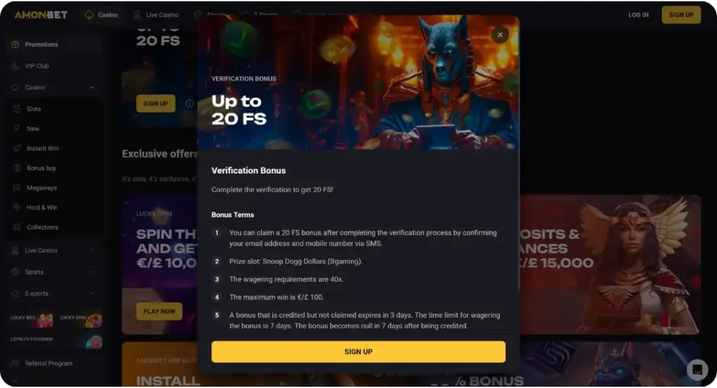 No Deposit Bonus page at casino no SoW UK