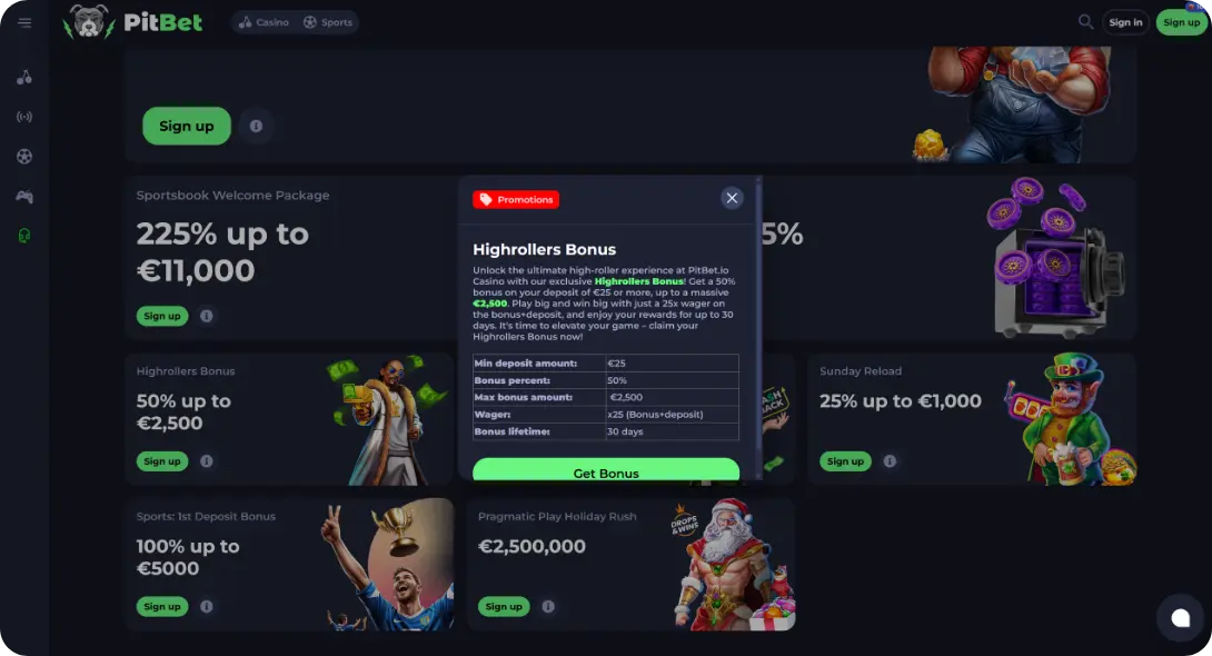Highrollers Bonus at PitBet casino