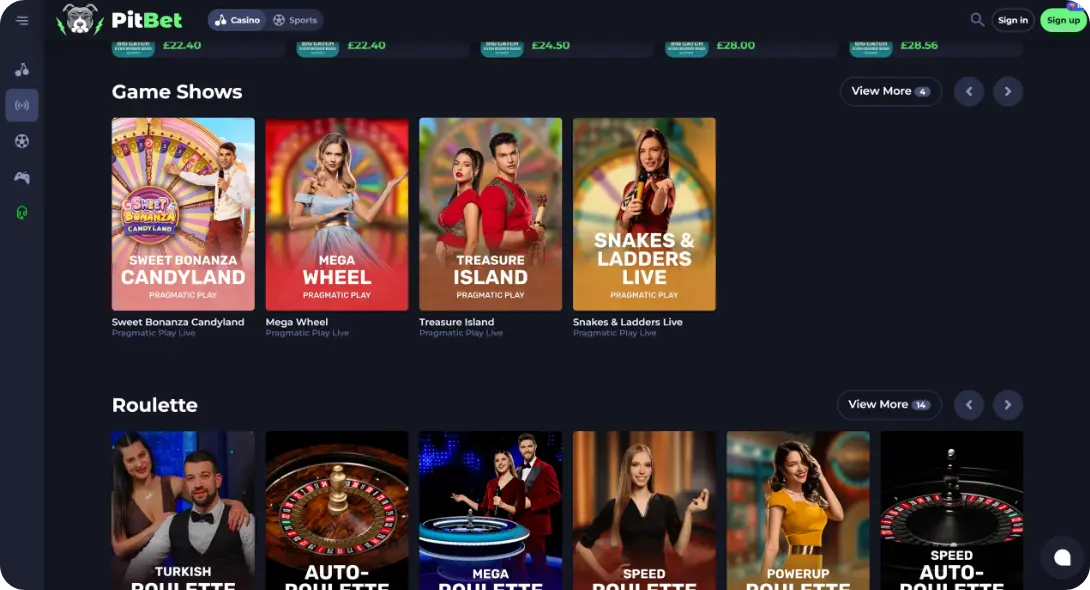 Live casino games page at PitBet UK