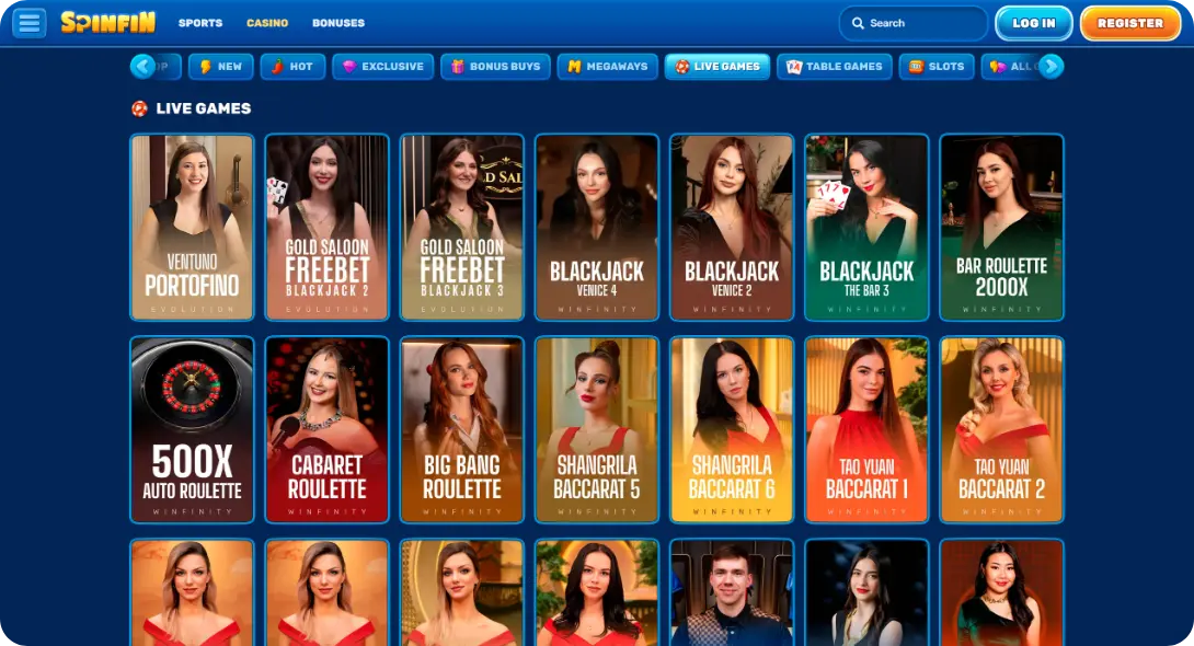 Live games page at SpinFin casino UK