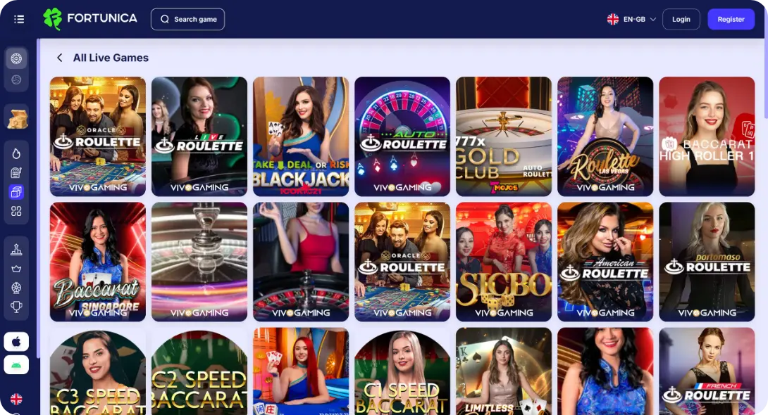 Live games page at Fortunica casino UK