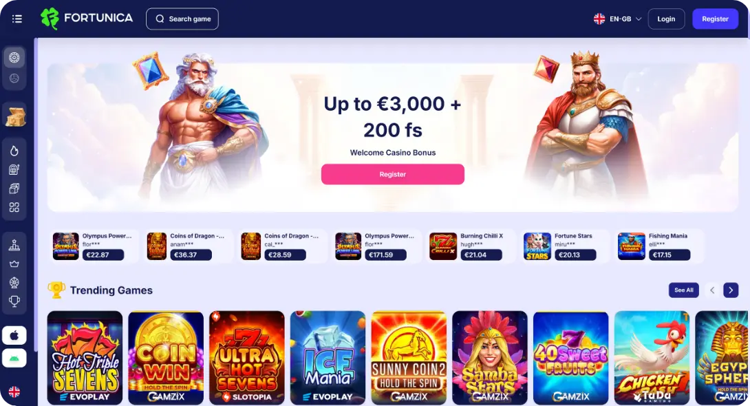 Fortunica casino home page screen