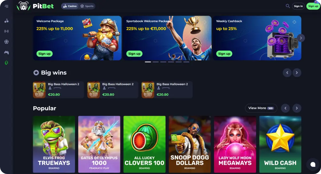 PitBet casino home page screen