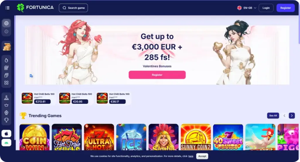 UK casino no SoW Fortunica home page screen