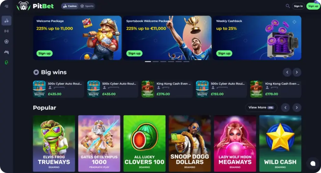 UK casino no SoW PitBet home page screen