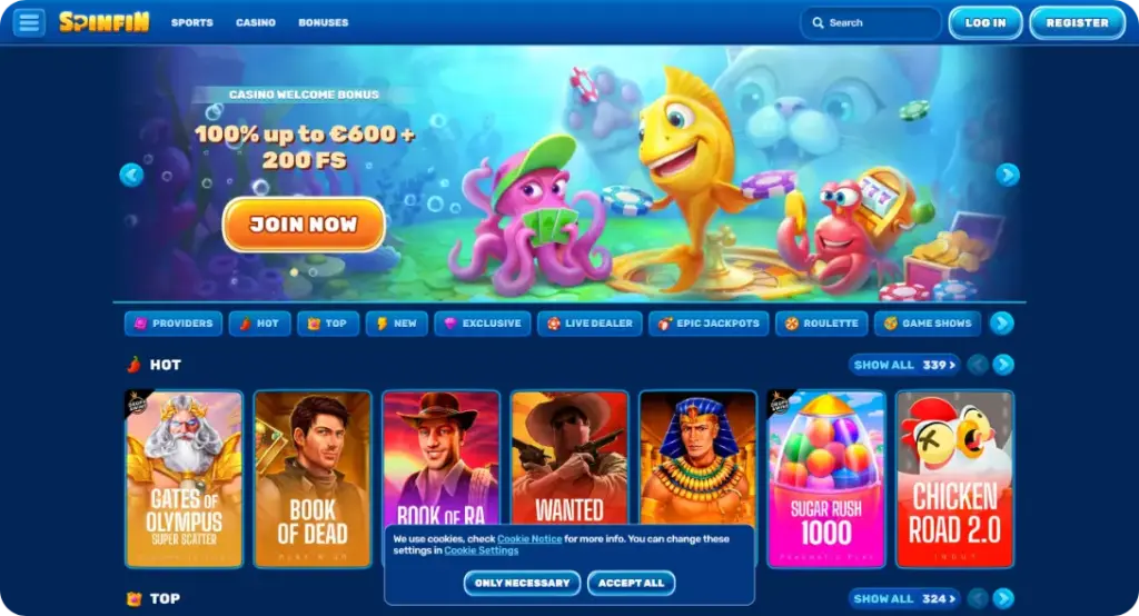 UK casino no SoW Spinfin home page screen