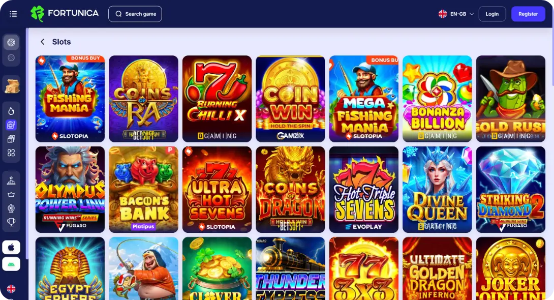 Slots page at Fortunica casino UK