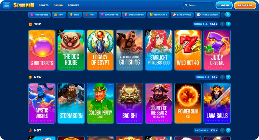 Slots page at SpinFin casino UK