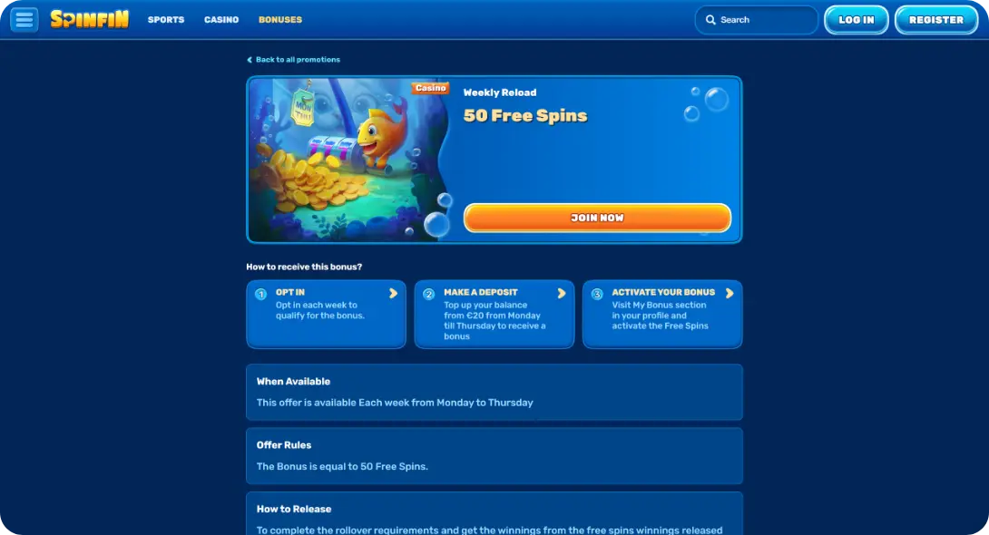 Weekly promotion at SpinFin casino