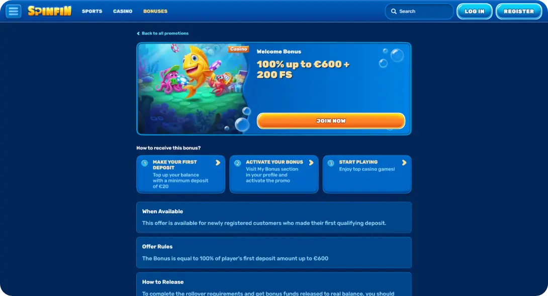 Welcome bonus at online casino SpinFin