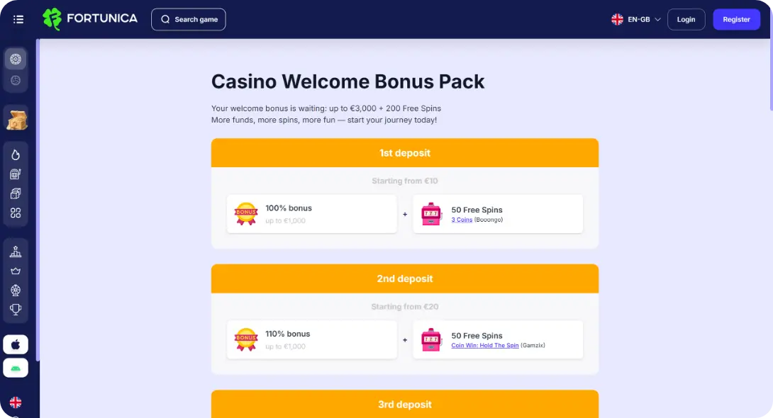 Welcome bonus at online casino Fortunica