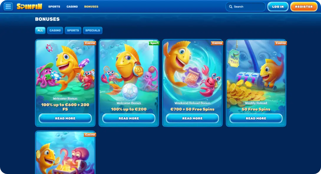 Bonus page at SpinFin casino