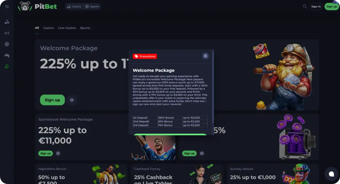 Welcome Package at PitBet casino UK